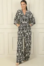 Front and Back V-Neck Crop Top, Elastic Waistband, Pocketed Palazzo Pants, Floral 2-Piece Set