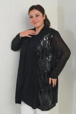 Ensemble 2 pièces pour femme, blouse en lycra à col rond et veste en mousseline à sequins, grandes tailles