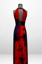 Kadın Önü Drapeli Astarlı Boncuk Detaylı Çiçekli Uzun  Şifon Elbise