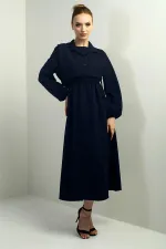 Women's Button-Down Detachable Vest, Elastic Waist, Long-Sleeved Midi Dress