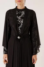 Pullu Yaldızlı Beli Taş Ve Tüy Detay Kemerli Astarlı Karışık Desenli Büyük Beden Şifon Uzun Tesettür Elbise