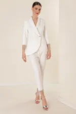 2-Piece Set of Lined Jacket and Pocket Trousers with Stone Chain Detail on Collar and Sleeves