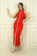 Robe longue en crêpe à col halter pour femme, fendue sur le devant et ornée d'une pierre centrale