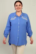 Chemise longue grande taille à manches repliées en maille ajourée pour femme