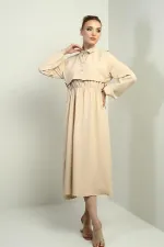 Women's Button-Down Detachable Vest, Elastic Waist, Long-Sleeved Midi Dress