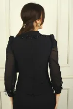 Women's Double-Breasted Crepe Jacket with Lined Sleeves and Chiffon Bead Details