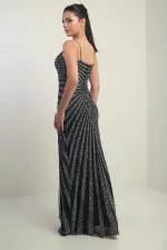 Women's Strappy Flocked Stone Print Lined Tulle Long Dress