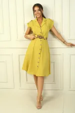 Women's Collared Off-Shoulder Double Pocket Belted Linen Effect Dress