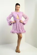 Kadın Önü Pencereli Tüy Detaylı Astarlı Pulpayet Kısa Elbise