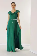 Flounced Collar, Belted Waist, Lined Long Chiffon Dress