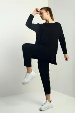 Women's Front Short Back Long Side Slit Sweatshirt Elastic Waist Pocket Pants Two-Piece Set