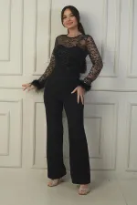 Women's Tulle Leaf Flock Printed Belted Crepe Jumpsuit with Feathered Sleeves