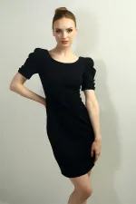 Women's Boat Neck Dress with Buttoned Sleeves, Pleated, and Zipper Back