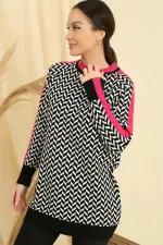 Zigzag Pattern Collar and Sleeve Cuff Striped Relaxed Fit Knitted Tunic