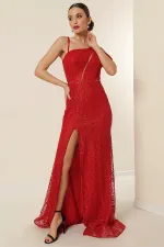 Tek Taraf İp Askılı Beli Boncuklu Astarlı Pul İşlemeli Önü Yırtmaçlı Uzun Balık Elbise