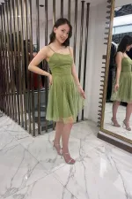 Women's Strappy Back Laced Lined Stoned Short Tulle Dress