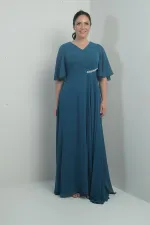 Kadın V Yaka Beli Taşlı Drapeli Astarlı Büyük Beden Uzun Şifon Elbise