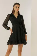 Wrap Neckline Polka Dot Side Tie Lined Short Chiffon Dress