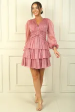 V Yaka Arkası Bağcıklı Bel Dekolteli Kat Kat Simli Elbise