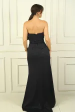 Kadın Straplez Ön Roba Büzgü Etek Kruvaze Yırtmaçlı Elbise