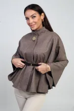 Kadın Tek Düğmeli Beli Kemerli Kaşe Panço