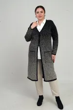 Kadın Karyağdı Desen Cepli Büyük Beden Triko Uzun Hırka