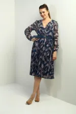 Women's Wrap Neckline Belted Lined Pleated Patterned Midi Chiffon Dress