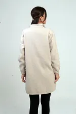 Manteau long en cachemire pour femme avec fermeture éclair sur le devant et poches élastiquées