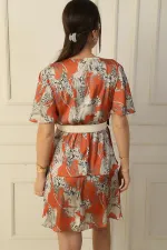 Wrap Neckline Assorted Leopard Print Layered Skirt Belted Satin Dress
