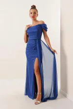 Önü Büzgülü Düşük Kol Astarlı Simli Uzun Elbise