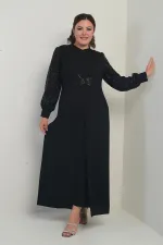 Kadın Kolu Ve Önü Pullu Büyük Beden Uzun Tesettür Elbise