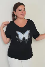Chemisier en lycra à col en V et manches courtes chauve-souris pour femme, motif papillon détaillé en pierre, grande taille