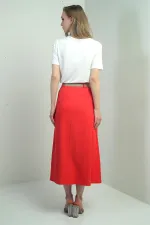 Women's Long, Loose Skirt with Belted Waist, Back Zipper, and Front Slit
