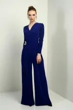 Women's Wrap Neckline Long Sleeved Wide Leg Lycra Jumpsuit with Waist Stone Detail