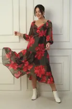 Madonna Neckline Lined Cross-Tie Floral Wrap Chiffon Dress