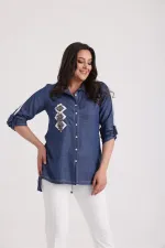 Women's Plus Size Lyocell Shirt with Embroidered Appliqué Front and D-Buckle