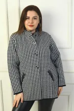 Women's Snap Front Pockets Leather Detail Houndstooth Plus Size Acrylic Cardigan