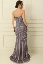 Taş Ve Pul İşlemeli Önü Yırtmaçlı Astarlı Uzun Elbise