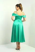 Women's Strappy Dropped Sleeve Lined Pleated Satin Flared Long Dress
