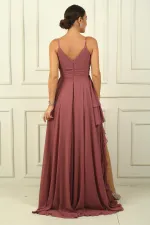 Kadın İp Askılı Yanları Yırtmaçlı Astarlı Volanlı Şifon Uzun Elbise