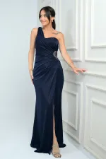 Women's One-Shoulder Side-Seam Draped Lined Lycra Glitter Long Dress