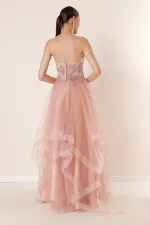 Long, Layered Tulle Taffeta Evening Dress with Beaded Embellishments
