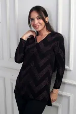 Kadın V Yaka Zikzak Desenli Geniş Beden Aralıklı Simli Bluz