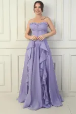 Robe de soirée longue pour femme, sans bretelles, boutonnée sur le devant, lacée au dos, à jupe à volants