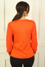 Kadın V Yaka Yarısı Şeritli Kolları Şifon Kazak