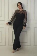 Women's Tulle Leaf Flock Printed Belted Crepe Jumpsuit with Feathered Sleeves