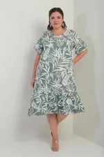 Kadın V Yaka Karışık Yaprak Desenli Cepli Eteği Fırfırlı Büyük Beden Elbise