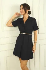 Button-front, short-sleeved, belted A-line pleated dress
