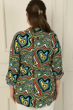 Plus Size Shirt with Geometric Pattern, Fold-Up Sleeves, and Metal Button Front