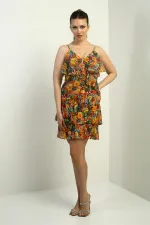 Women's Thin Strap Bust Ruffled Skirt Layered Lined Floral Pattern Short Chiffon Dress